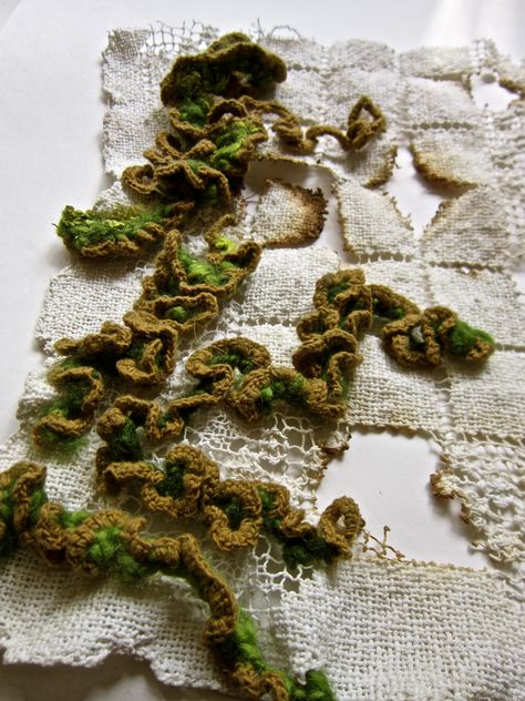 Linen crochet'd on handspun yarn embroidered onto vintage lace - Irem Arig Lichen Embroidery, Organic Crochet, Decay Art, A Level Textiles, Growth And Decay, Natural Structures, Creating Texture, Textile Fiber Art, Fibres Textiles