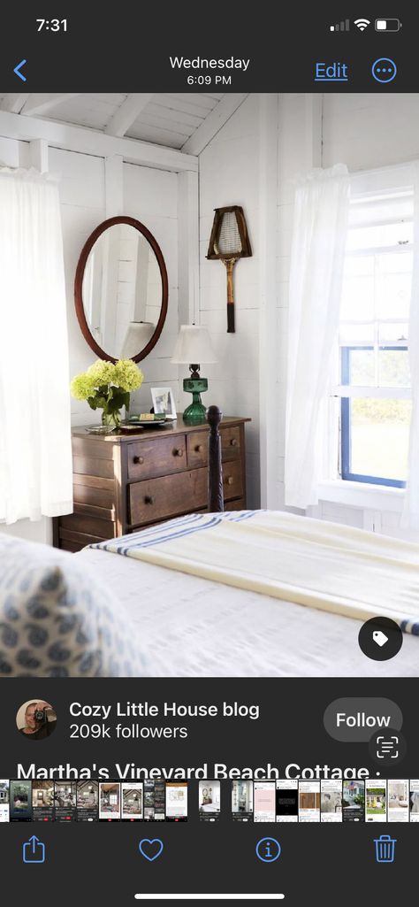 Bedroom With White Curtains, Marthas Vineyard Cottages, Red Dresser, Cottage Cozy, Cozy Little House, Simple Cottage, White Linen Bedding, One Home, Wicker Table