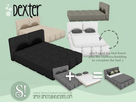 SIMcredible!'s Dexter bed frame The Sims 4 Pack, Sims 4 Cc Furniture Living Rooms, Sims 4 Beds, Sims 4 Kitchen, Sims 4 Tsr, Mod Furniture, The Sims 4 Pc, Sims 4 Bedroom, Free Sims