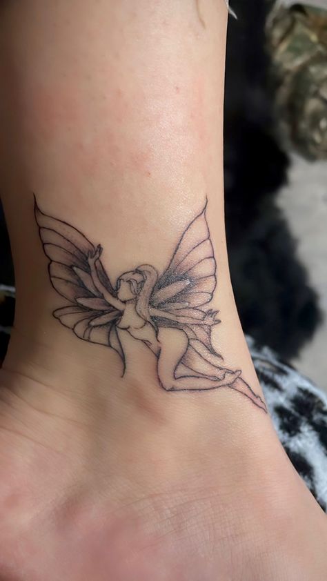 Fairy Tattoo Shaded, Purple Fairy Tattoo, Shaded Fairy Tattoo, Fairy With A Knife Tattoo, Fairy Ankle Tattoo, Fairy Tattoo Ankle, Fairy Tattoos For Women Unique, Fairy Garden Tattoo Sleeve, Fairy Tattoos For Women