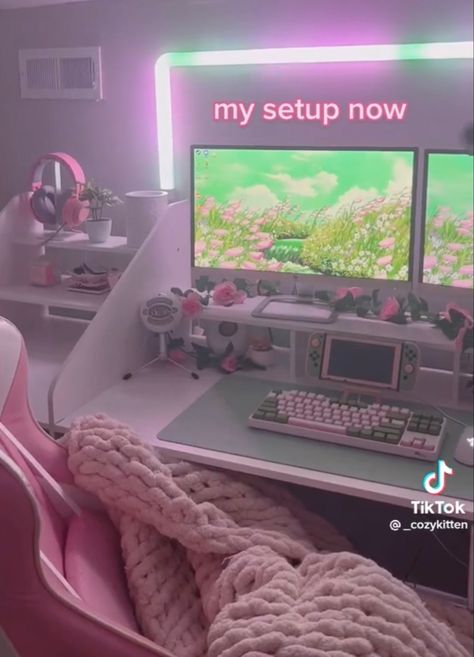 Things You Need For Your Gaming Setup, Flower Gaming Setup, Pink Work From Home Setup, Gaming Setup Aesthetic Pink, Gaming Setup For Women, Pink And White Gaming Setup Aesthetic, Green And Pink Gaming Setup, Pink Green Gaming Setup, Strawberry Gaming Setup