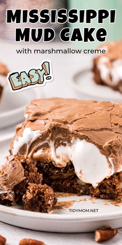 Ultimate Chocolate Poke Cake With Marshmallow Fluff, Chocolate And Marshmallow Cake, Chocolate Cake With Marshmallow Fluff, Marshmallow Chocolate Cake, Mud Pies Recipe, Missippi Mud Cake Easy, Mississippi Mud Cake Old Fashioned, Easy Mississippi Mud Cake, Desserts With Marshmallow Creme