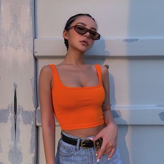 Colada Square-Neck Cropped Tank Top | YesStyle Orange Crop Top, Orange Fits, Orange Outfit, Tank Top Outfits, Orange Shirt, Crop Top Outfits, Adriana Lima, Outfits Casuales, Cute Casual Outfits