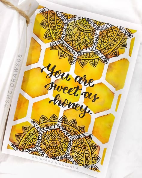 Khushboo Hingarajia | Mandalas on Instagram: “You are sweet as honey🍯☺️ . Mandala on honeycomb patterned background 🍯🐝Hope you guys liked it❤️ . . Materials used- 🍯@brustro_official…” Hope Mandala Art, Drawing Mandala Ideas, Honeycomb Mandala, Background Design Drawing, Cute Mandala Art, Mandala Art Simple Design, Best Mandala Art, Mandala Art Background, Watercolor Mandala Art