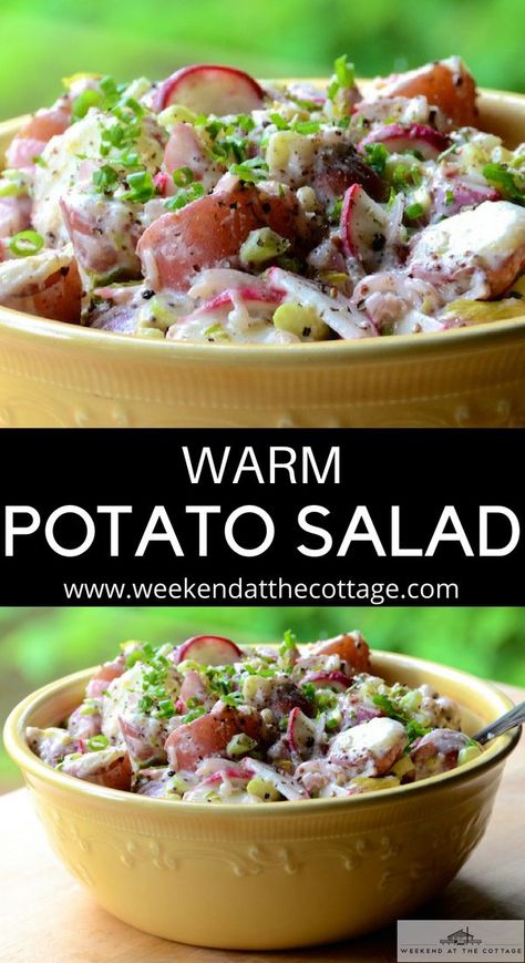 Baby red potatoes, Pommery Dijon Mustard, and sour cream - this summer's best POTATO SALAD. We recommend it served warm at your next barbecue!  #potatosaladrecipe #warmpotatosalad #summerrecipe #barbecuerecipe #picnic #cottagerecipes #weeknightdinner #easyrecipe Warm Potato Salad, Potato Side Dishes Easy, Potatoes Salad, Best Potato Salad, Potatoe Salad, Best Potato Salad Recipe, Warm Potato Salads, Potato Salads, Baby Red Potatoes