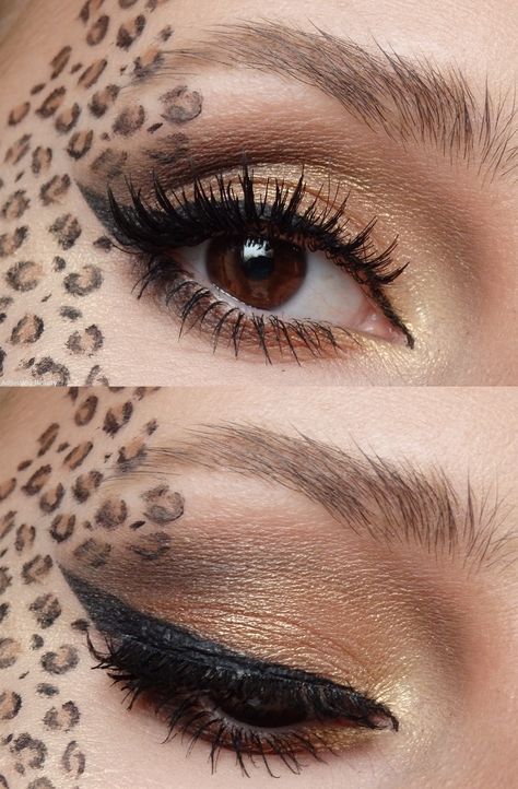 Pretty Leopard Makeup Leopard Makeup Halloween, Cheetah Makeup, 50s Makeup, Cat Halloween Makeup, Leopard Makeup, Halloween Make-up Looks, Animal Makeup, 50 Makeup, Creepy Halloween Makeup