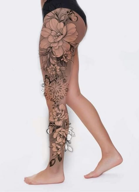 Floral Leg Tattoos For Women, Flower Leg Sleeve, Floral Leg Sleeve Tattoo, 25 Tattoo, Feminine Skull Tattoos, Arm Sleeve Tattoos For Women, Floral Thigh Tattoos, Full Leg Tattoos, Hand Tattoos For Girls