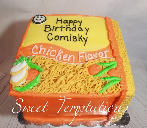 Ramen Noodle Cake Ramen Cake Design, Ramen Noodle Cake, Prison Recipes, Ramen Maruchan, Ramen Cake, Happy Birthday Chicken, Roman Noodles, Noodle Cake, Maruchan Ramen