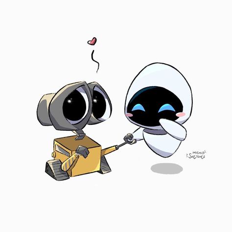 Michelle on Instagram: “Got inspired to draw Wall-e and Eve after watching the movie the other day. They are such a cute couple 💛! Check out the step by step ✏️ .…” Cute Couple Art Drawings Easy, Eve Wall, Cute Couple Drawings Wallpaper, Drawing Cute Couple, Disney Couple Characters, Cute Couple Drawings Ideas, Eva And Wall E Tattoo, Wall E And Eve Matching Pfp, Walle Painting