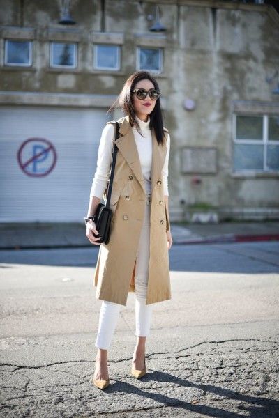 Trend Alert: Sleeveless Coat Outfit Ideas  read more: http://www.ferbena.com/trend-alert-sleeveless-coat-outfit-ideas.html Sleeveless Trench Coat Outfits, Sleeveless Coat Outfit, Trench Coat Outfit Ideas, How To Wear Kimono, Coat Outfit Ideas, Sleeveless Trench Coat, Sleeveless Trench, Mode Tips, Trench Coat Outfit