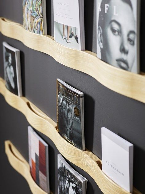 Wooden magazine rack SVALL By Karl Andersson design Cecilia Cronelid Magazine Display Wall, Orthodontic Office Design, Vinyl Record Furniture, Magazine Shelf, Orthodontic Office, Wooden Magazine Rack, Magazine Display, Brochure Display, Geometric Furniture