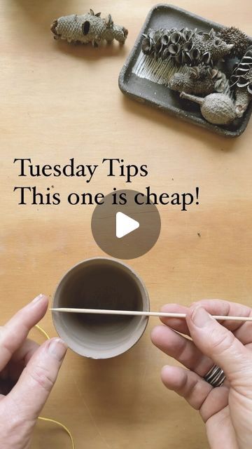 Lea Durie artist|maker|potter on Instagram: "Tips Tuesday

Quick tips and hacks for potters
If you find it useful don’t forget to save!

Yesterday’s post was about throwing multiples off the hump. I used a tombo to get a consistent size. 

This is a quick tombo make using bits lying around. A chopstick, like comes with a takeaway meal, and a skewer. 

Break the skewer to be the width of the cup. You can also do it for the inside width if you prefer. Then position the chopstick to just touch the bottom inside. 

Once you have these dimensions tie it off with string. I have tried this with a rubber band but find its straighter with string. 

It will last ages! 

I hope you found this useful. 

Lea xo" Ceramic Hacks, Pottery Tips And Tricks, Pottery Hacks, Clay Tools, Pottery Tools, Thrown Pottery, Ceramic Techniques, Hand Built Pottery, Pottery Classes