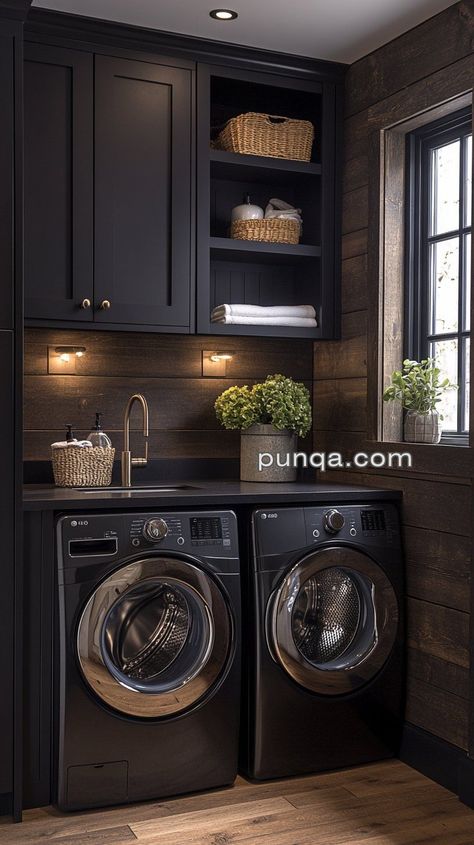 Updated Laundry Room Small Spaces, Iron Ore Laundry Room Cabinets, Dark Walls Laundry Room, Grey And Black Laundry Room, Laundry Room With Black Countertop, Dark Small Laundry Room, Laundry Room With Black And White Tile, Laundry Room Ideas With Black Appliances, House Interior Laundry Room