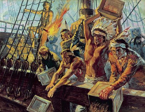 The Boston Tea Party was an act of disagreement and hatred towards the tax and control Britain attempted to enforce on the colonists, where the Sons of Liberty disguised themselves as Native Americans, sneaked into a harbor, and dumped nearly 45 tons (around a million dollars worth today) of tea into the water. The Boston Tea Party, Boston Tea Party, Canvas Art For Sale, Boston Tea, Native American Paintings, American Colonies, Tea Party Dress, American Painting, History Projects