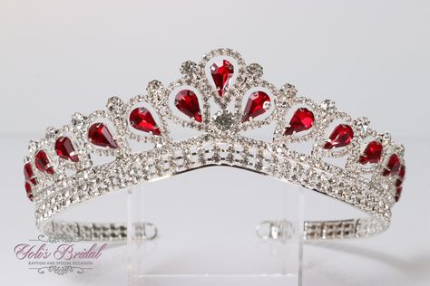 "Beautiful sparkling tiara in silver color with red stones Perfect for any occasion. It has a loop at the end of each side to attach it in your hair with bobby pins for added security. Approx. 1.5\" tall Ships 1-2 business days.  Style GU T-5 S-RED" Red Quinceanera Ideas, Quinceanera Tiaras, Girls Tiara, Silver Tiara, Princess Tiara, Princess Girl, Teen Girl Gifts, Red Stone, Tiaras And Crowns