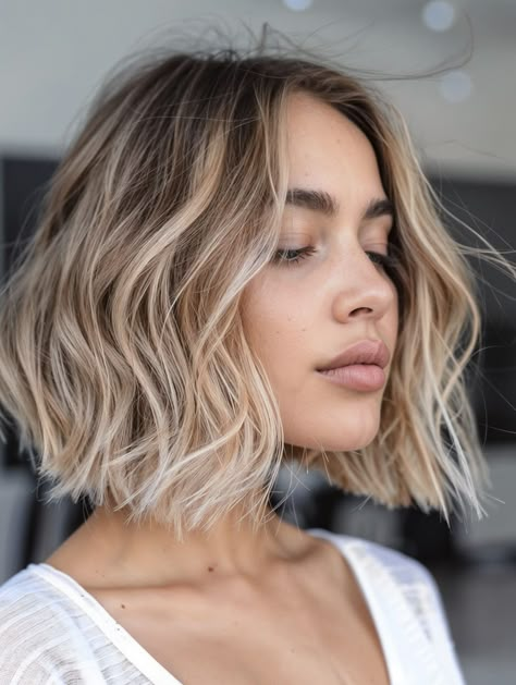 Blond Wavy Bob, Beachy Bob Hairstyles, Beachy Short Hair, Collarbone Lob, Toned Down Blonde Hair, Light Summer Hair Color, Short Light Blonde Hair, Bob Beach Waves, Beachy Waves For Short Hair