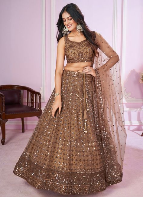 Net Trendy Lehenga Choli in Brown Brown Lehenga, Trendy Lehenga, Reception Sarees, Lehenga Choli Latest, Embroidery Traditional, Lehenga Style Saree, Wedding Salwar Kameez, Exclusive Gowns, Sangeet Outfit