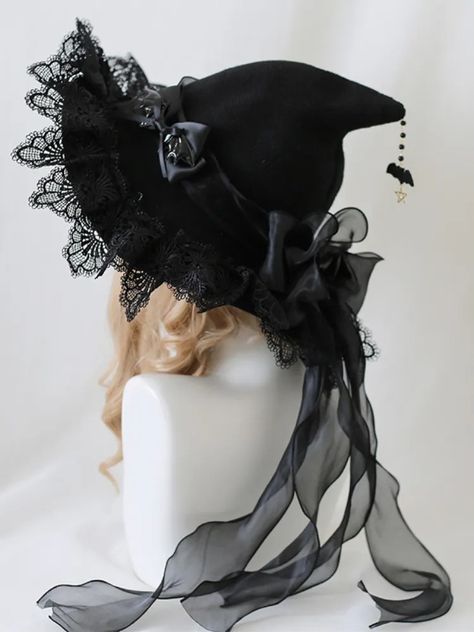 Demon Wings Bowknots Lace Trim Goth Witch Hat 4 Color Options Witch Accessories Costume, Black Witches Hat, Cottage Witch Hat, Custom Witch Hat, Witch’s Hat, Whitch Hats, Sew Witch Hat, Witches Hats Decorations, Goth Apron