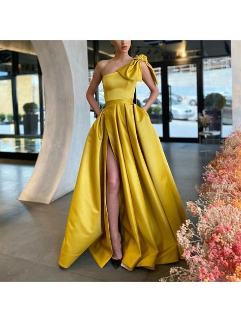 Yellow Prom Dress, Yellow Prom, Robes D'occasion, Cheap Prom Dresses Long, One Shoulder Prom Dress, Prom Dresses Yellow, Prom Dresses With Pockets, Shoes Bag, A Line Prom Dresses