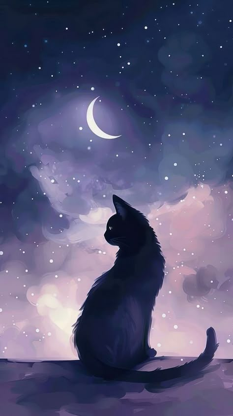 Cute Wallpapers Cat, Cute Black Cat Wallpaper, Wallpaper Iphone Moon, Cute Moon Wallpaper, Cat Illustration Wallpaper, Cool Cat Wallpaper, Wallpaper Backgrounds Cat, Nature Animals Wallpaper, Cute Cat Background