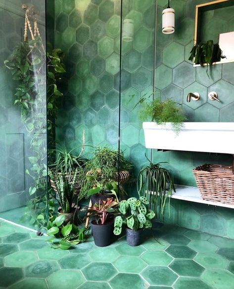 COLOR REPORT: Green With ENVY — Malissia Stephens Green Tile Bathroom, Green Tiles, Green Inspiration, Downstairs Bathroom, Boho Bathroom, Green Tile, Green Interiors, Green Bathroom, House Bathroom