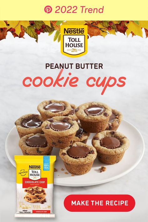 Kick off holiday baking with Nestle Toll House Peanut Butter Cookie Cups, a sweet and savory treat for your Thanksgiving gathering! A simple, two ingredient recipe. Just Nestle Toll House Refrigerated Chocolate Chip Cookie Dough and peanut butter cups make for an easy dessert your family and friends will love. There is no better way to show your community you care than with a delicious dessert! Make the recipe now! Chocolate Chip Peanut Butter Cups, Chocolate Chip Cookie Dough With Peanut Butter Cups, Toll House Cookie Dough Ideas, Peanut Buttercup Cookie, Refrigerated Chocolate Chip Cookie Dough Recipes, Tollhouse Cookie Dough Recipes, Chocolate Chip Cookies With Peanut Butter Cups, Chocolate Cookies With Peanut Butter Chips, Chocolate Chip Cookies Desserts