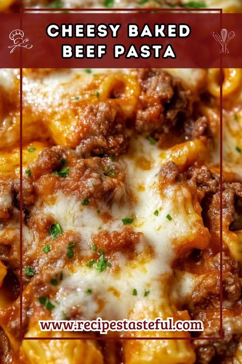 This Cheesy Baked Beef Pasta is a comforting dish that combines al dente pasta, savory ground beef, and a gooey cheese topping, making it perfect for family meals or any occasion when you're craving something hearty. Cheesy Pasta Recipes, Baked Pasta Dishes, Ground Beef Pasta, Baked Pasta, Beef Pasta, Baked Pasta Recipes, Cheesy Pasta, Pasta Dinners, Cheese Topping