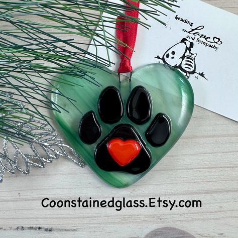 Fused Glass Green Heart Ornament with a Paw Print, Dog Paw Print, Cat Paw Print, Glass Ornament, Pet Memorial Gift, Christmas Tree Decor by CoonStainedGlass on Etsy Fused Glass Paw Print, Paw Ornament, Paw Print Ornament, Melting Glass, Fused Glass Christmas, Fused Glass Artwork, Glass Fusing Projects, Cat Paw Print, Free Gift Tags