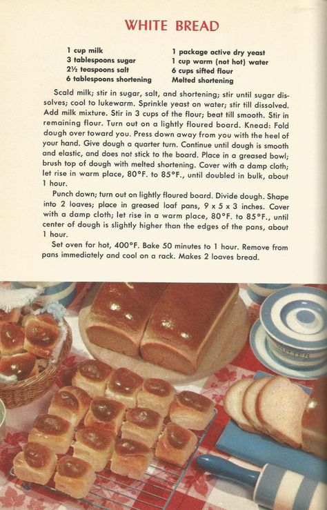 The following recipes are from A Picture Treasury of Good Cooking, 1953.  All of the recipes look so good, I want to share them all!! Hope you find something new to try! REMEMBER:  Serve food respo… Vintage Recipes 1950s, 1950s Recipes, 1950s Food, Homemade Cookbook, Vintage Baking, Handwritten Recipes, Vintage Cooking, Retro Recipes, Bread Recipes Homemade