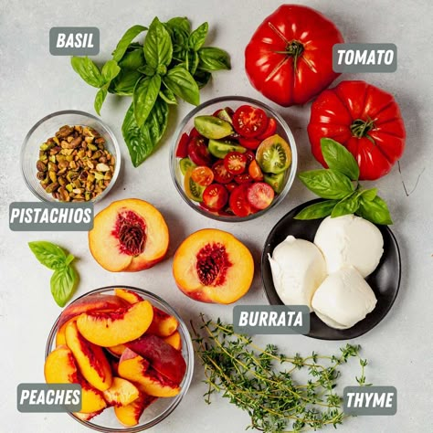 Peach And Plum Salad, Heirloom Tomato Peach Burrata Salad, Peach Tomato Burrata Salad, Bursts Salad, Peach Tomato Salad, Burrata Tomato Salad, Vienna Recipes, Burrata Salad Recipe, Tomato Burrata Salad