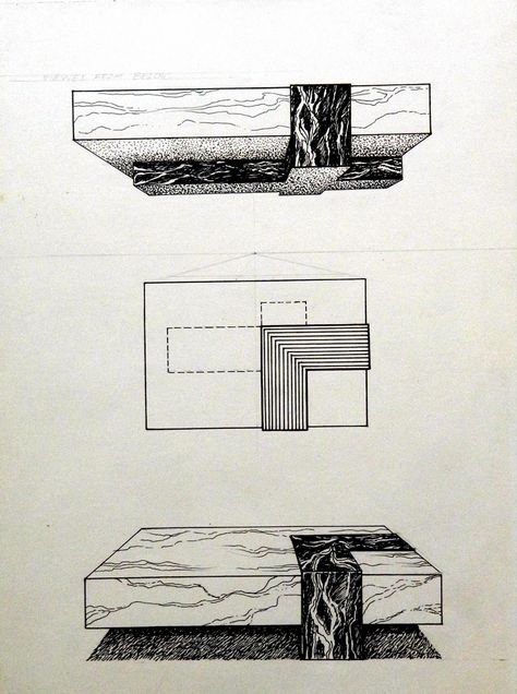 No wood on this 6'-0" x 4'-0" marble coffee table. The top drawing shows the underside; the middle is the table in Plan; the bottom drawing is a perspective. It took six men to move this baby into place. I imagine it's still where they set it down. - L.W,ROTH Middle Table, Furniture Perspective Drawing, Table Sketch Design, Coffee Table Drawing, Marble Drawing, Table Drawing Sketch, Draw Table Sketch, Table Drawing, Coffee Table Sketch Drawings