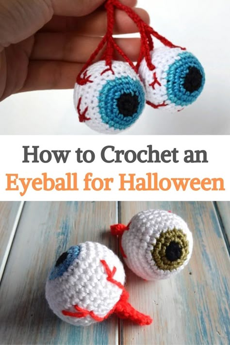 Eyeball Crochet Pattern Free, Crochet Halloween Eyeball, How To Crochet Halloween, Crochet Eyeball Keychain, Eyeball Crochet Pattern, Crochet Eyeball Pattern Free, Eyeball Amigurumi, Spooky Crochet Ideas, Crochet Projects Halloween