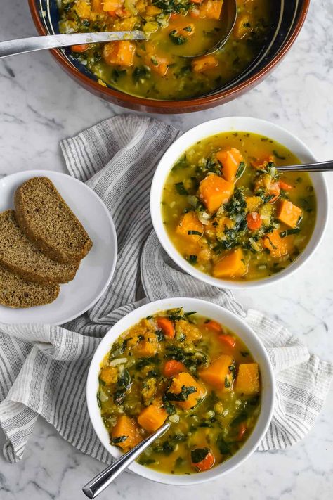 This immune boosting butternut squash vegetable soup has a variety of tastes and textures guaranteed to strengthen your body from the inside out. It's a hearty soup made with creamy butternut squash, antioxidant rich cauliflower rice and nutrient dense kale but completely grain and gluten free. Herbs and spices enhance the flavor of the vegetables and boost your overall health. Butternut And Cauliflower Soup, Butternut Squash Vegetable Soup, Creamy Butternut Squash, Butternut Soup, Squash Vegetable, Hearty Soup, Low Cholesterol, Cauliflower Soup, Herbs And Spices