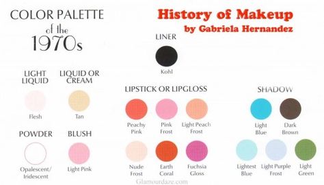 Make up:  These colors  were commonly used people started using softer colors 1979 Makeup, 1978 Makeup, 1972 Makeup, Makeup 1970s, 1970’s Makeup, 1970s Makeup Products, 1960s Makeup Products, 70s Hair And Makeup, 1940s Makeup