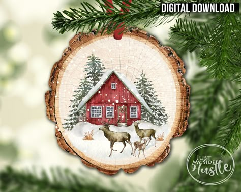 Christmas Ornaments Sublimation Designs, Christmas Woodslice Ornaments, Painted Wood Rounds Christmas Ornament, Sublimation Ornaments, Sublimations Designs, Painted Christmas Gifts, Handpainted Christmas Ornaments, Ornament Sublimation, Deer Ornament