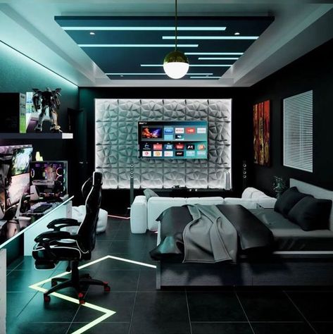 Gaming Room Setup Bedrooms, Gamer Room Design, Games Room Inspiration, Tech Room, Gamer Bedroom, Small Game Rooms, Gaming Space, Computer Set, Gamer Room Decor