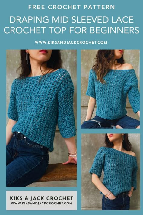 The Colins Easy 3/4 Mid Sleeve Crochet Top is a loose oversized sweater top, that can be worn from spring to summer to fall. It features a beautiful stitch that gives it an airy design and stunning drape. The cute 3/4 sleeves hit below the elbow and give it a casual modern look. The neckline is wide and flattering and can be customized so that it sits off the shoulder or on the shoulder.  This is a free and easy crochet pattern available as a size inclusive made to measure pattern. It is beginner friendly and is quick and easy to crochet.  Click on the photo to access your free crochet pattern. Crochet Top For Beginners, Crochet Top Free Pattern, Crochet Shirt Pattern, Sleeve Crochet Top, Lace Crochet Top, Crochet Blouse Free Pattern, Crochet Tank Tops, Crochet Jumper, Womens Crochet Patterns