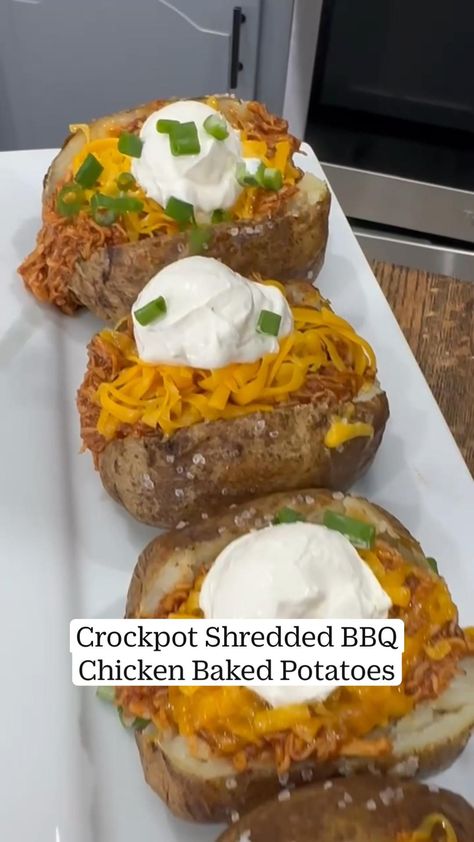 Chicken Stuffed Baked Potatoes, Crockpot Recipe Chicken, Crockpot Shredded Bbq Chicken, Potatoes Crockpot, Cooking In The Midwest, Shredded Bbq Chicken, Stuffed Baked Potatoes, Chicken Baked, Baked Bbq Chicken