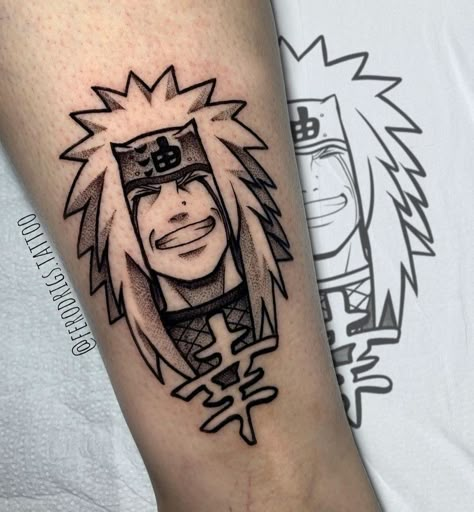 Naruto Tattoo Jiraya, Jiraiya Tattoo Design, Black Anime Tattoos, Anime Tattoo Drawings, Naruto Jiraiya Tattoo, Jiraya Sketch, Jiraiya Tattoo Ideas, Jiraya Tattoo Ideas, Anime Character Tattoo