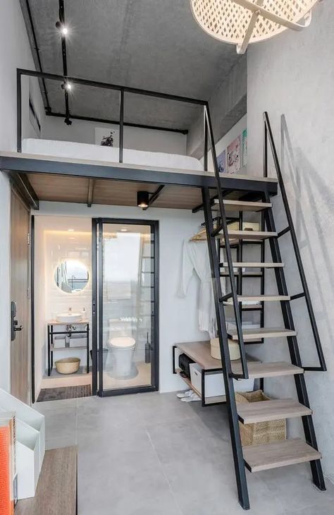 Small Loft Apartments, Loft Beds For Small Rooms, A Loft Bed, Tiny Loft, Loft Style Bedroom, Loft House Design, Mini Loft, Co Living, Loft Interior Design