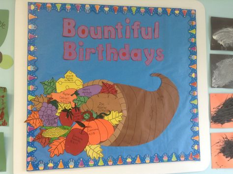 Birthday board ideas: Thanksgiving theme November Birthday Board Classroom, November Birthday Bulletin Boards, November Birthday Board Ideas, Bulletin Board Ideas Thanksgiving, Thanksgiving Birthday Board, November Birthday Board, Employee Appreciation Board, Daycare Room Ideas, November Bulletin Boards