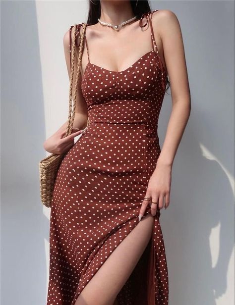 Korean Fashion Summer, Dot Print Dress, Korean Fashion Dress, Lingerie Sets, Korean Dress, Suspender Dress, Summer Style Casual, Brown Dress, Polka Dot Dress