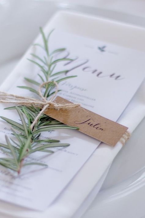 Menu with string and name tag attached (depends on style of wedding) Wedding Table Decorations, Wedding Table Settings, Wedding Places, Wedding Deco, Menu Cards, Wedding Beauty, Place Card, Place Setting, Wedding Stationary