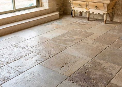 Natural Stone Tile Bathroom, Stone Tile Bathroom, French Limestone Floor, Cottage Flooring, Limestone Floor, Natural Stone Tile Floor, Limestone Floor Tiles, Stone Tile Flooring, Rustic Tile