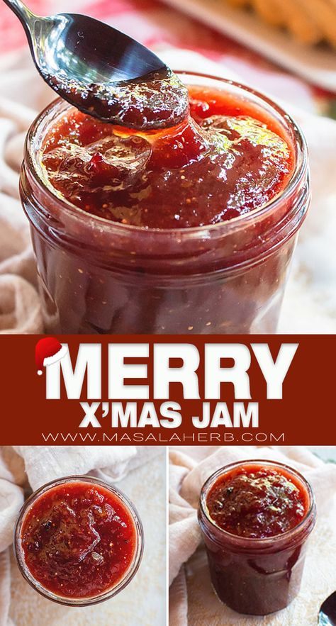 Freezer Jams And Jelly Recipes, Christmas Jam No Pectin, Christmas Jams And Jellies, Christmas Jam Recipes Homemade, Merry Christmas Jam, Merry Christmas Jam Recipe, Jams And Jelly Recipes, Christmas Jam Recipes, Spiced Christmas Jam