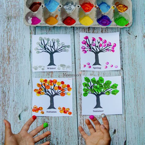 Seasons Art Project, Finger Painting Ideas, Finger Painting For Toddlers, Tree Painting Easy, Finger Painting For Kids, Finger Paint Art, Four Seasons Art, Witch Craft Works, Art Project For Kids