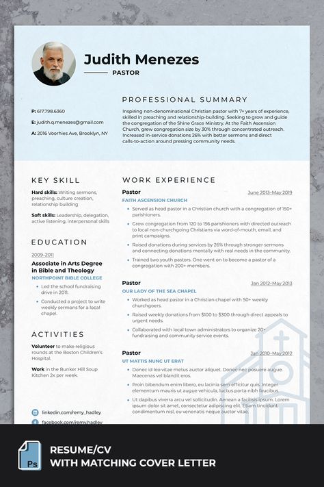 Awesome pastor resume template free in Photoshop format PSD #freeresumetemplates #pastorresume #resumeexample Pastor Format, Resume Models, Resume Action Words, First Job Resume, Architect Resume, Job Resume Format, Excel For Beginners, Resume Advice, Resume Format For Freshers