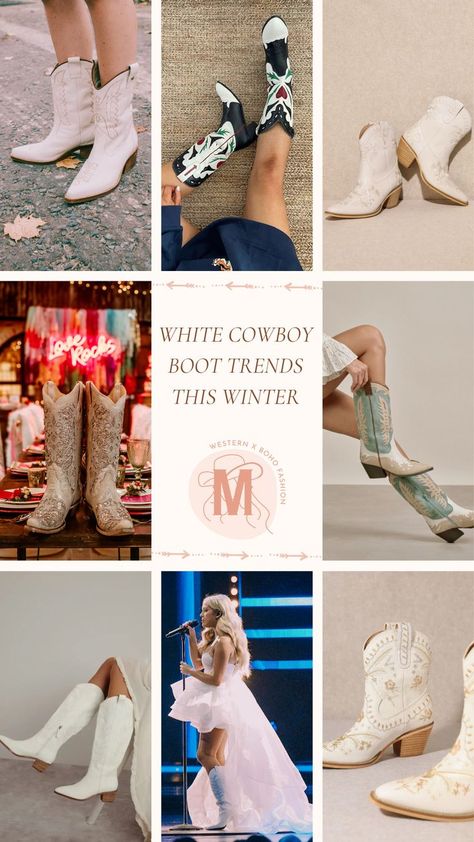 Elevate your winter wardrobe with the latest white cowboy boot trends! 🤍✨ From classic designs to modern twists, discover how these versatile boots can add a chic touch to any outfit. Whether paired with denim or dresses, white cowboy boots are a must-have this season. Explore styling tips and find your perfect pair to step into winter fashion with confidence. #WinterFashion #CowboyBoots #WhiteBoots Cream Cowboy Boots Outfit Winter, White Cowgirl Boots Outfit Winter, Cowgirl Boots Outfit Winter, White Cowgirl Boots Outfit, Cowboy Boots Outfit Winter, White Cowboy Boots Outfit, Western Boho Fashion, White Cowgirl Boots, Cowgirl Boots Outfit