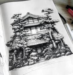 SandraInk User Profile | DeviantArt Japanese House Art, Japanese House Drawing, Japanese Architecture Drawings, Head Abstract, Drawing Pics, Pen Art Drawings, House Sketch, Drawings Ideas, Architecture Drawing Art