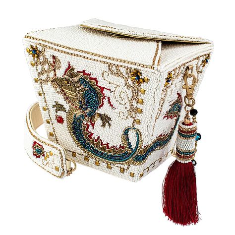 Mary Frances Hand-Beaded Novelty Handbag Inspired by the iconic Chinese food container, this unique accessory features intricate embellishments and elegant embroidered detailing making it a captivating blend of ancient traditions and modern fashion. Chinese Food Takeout, Mary Frances Handbags, Novelty Handbags, Dragon Motif, Mary Frances, Beaded Handbag, Beautiful Handbags, Top Handle Handbags, Metallic Logo